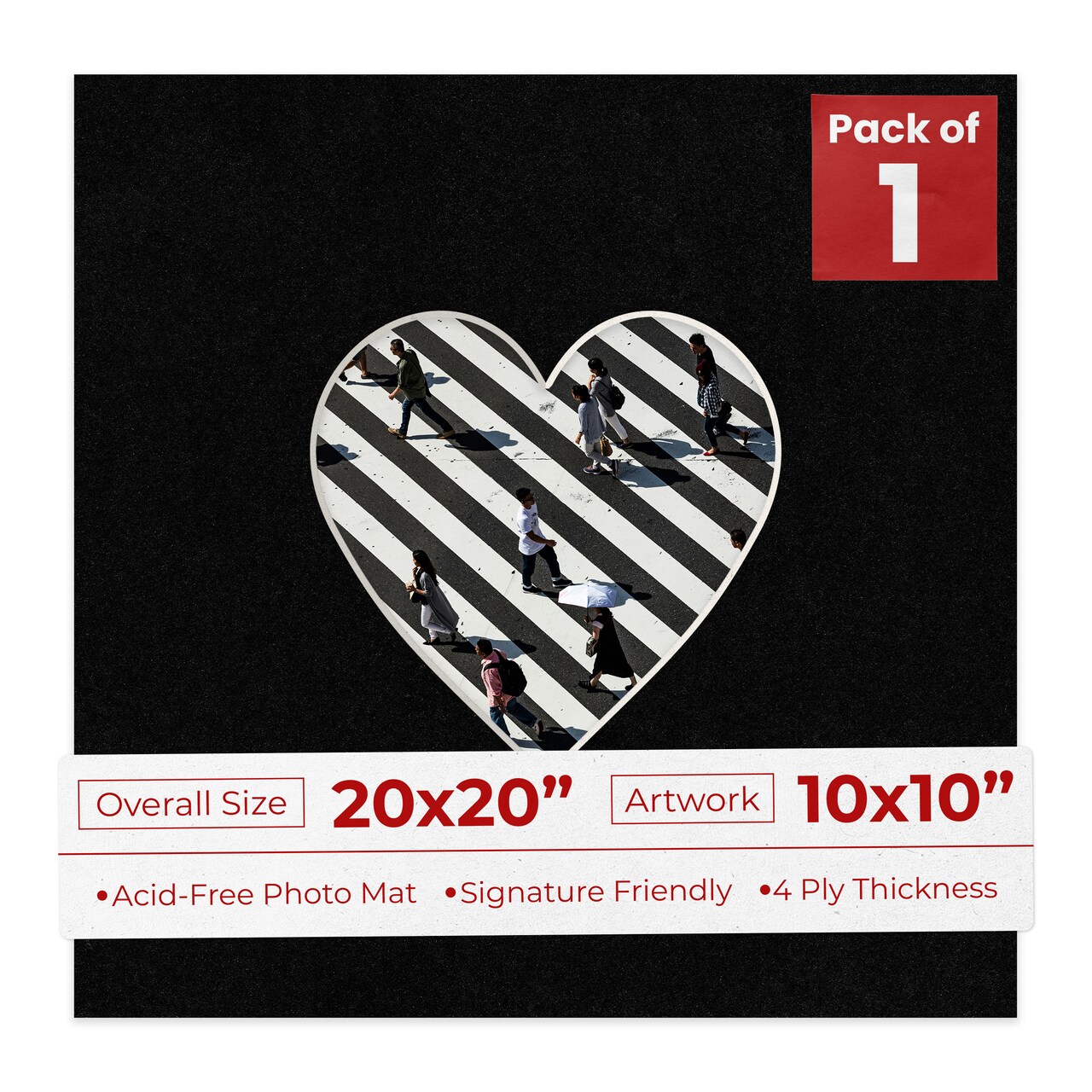 Black with Black Core Mat Board for 20x20 Frames - Heart Opening for 10x10 Photos